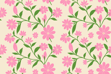 Fototapeta premium A bright floral pattern featuring pink blossoms and green leaves on a soft beige background, creating a fresh, cheerful, and feminine botanical design.