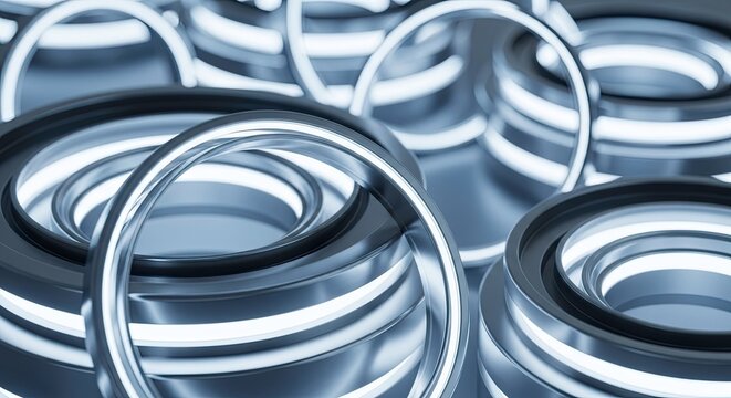 Closeup of futuristic metallic rings with glowing blue and white internal illumination, abstract technology background - Powered by Adobe