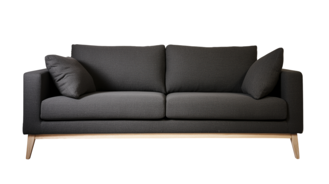 Mid-century modern sofa with dark gray fabric and light wooden legs on transparent background