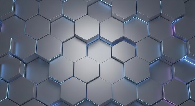Abstract background of glowing futuristic hexagonal pattern with blue and purple neon light accents