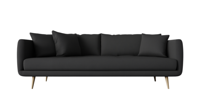 Modern minimalist sofa with dark gray fabric and light wooden legs on transparent background