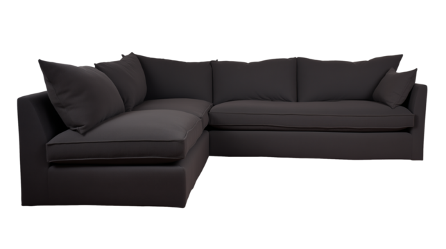 Modern sectional sofa with dark gray upholstery and rounded edges on transparent background