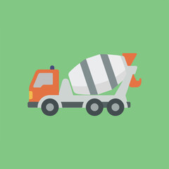 Fototapeta premium A cartoon illustration of a cement truck in orange and grey, with a large mixer on the back, set against a light green background.