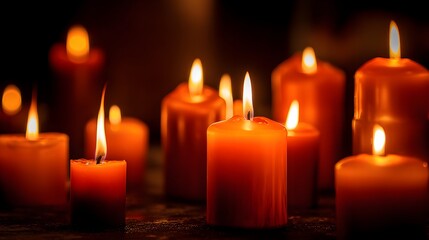 Warm Glow of Multiple Lit Orange Candles in a Dark Setting.