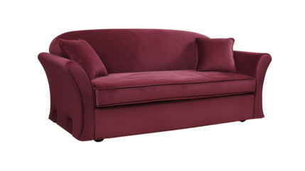 Deep burgundy sofa with rolled arms and plush cushions on transparent background