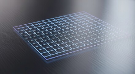 Holographic blue grid projection floating above a dark brushed metal surface in a modern technological setting