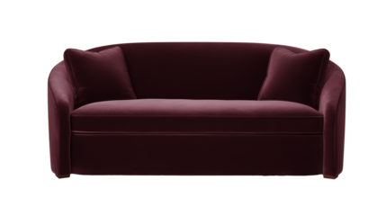 Deep burgundy velvet sofa with gold trim and throw pillows on transparent background