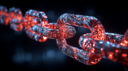 A glowing digital chain link representing blockchain structure, secure connection and the essential foundation of decentralized technological systems.