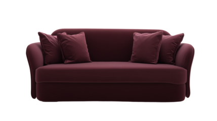 Burgundy modern sofa with rounded armrests and cushioned seat on transparent background
