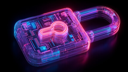 A cybersecurity protection concept represented by a transparent digital lock built from circuit pathways that emphasize secure access, encryption and modern defense systems.
