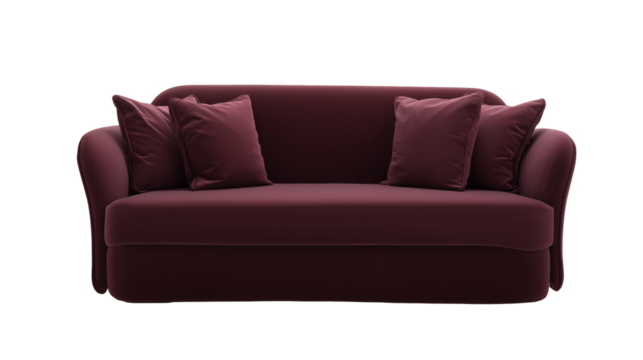 Burgundy modern sofa with rounded armrests and cushioned seat on transparent background