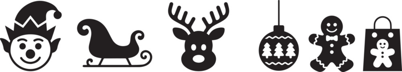 Black and white christmas icons including elf, sleigh, reindeer, and gingerbread