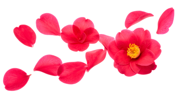 Radiant Red A Vibrant Floral Arrangement with Camellias and Floating Petals