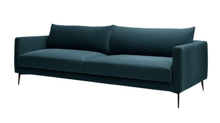 Contemporary teal sofa with tapered metal legs on transparent background