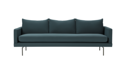 Modern teal sofa with metallic legs and cushions on transparent background