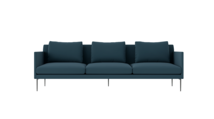 Modern three-seater sofa with teal upholstery and metallic legs on transparent background