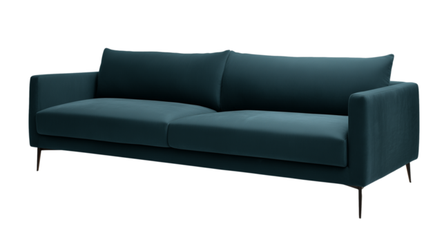 Contemporary teal sofa with tapered metal legs on transparent background