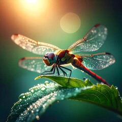 Dragonfly resting on a leaf with water droplets in the sunlight.