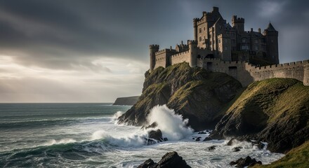 Majestic coastal castle perched atop dramatic cliffs, sculpted by time and sea breezes