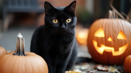 Black cat with glowing yellow eyes sitting among halloween pumpkins