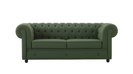Chesterfield sofa with dark green upholstery and diamond-patterned tufting on transparent background