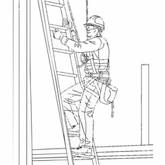 A construction worker wearing safety gear ascends a ladder, emphasizing workplace safety and the importance of protective equipment during construction.
