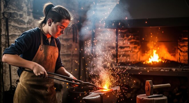 Focused blacksmith shaping red-hot metal with burning furnace in traditional workshop