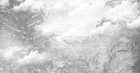Tropical forest landscape , Trees and leaves wallpaper , Tropical wallpaper . wallpaper abstract forest background mural art . Misty Grayscale Jungle Landscape with Overlapping Clouds