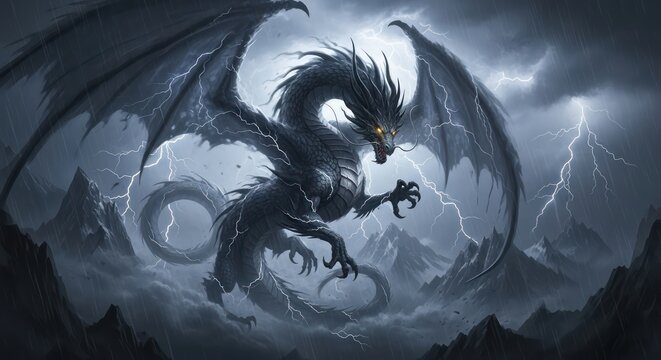 Majestic storm dragon amidst electrical strikes fantasy artwork landscape