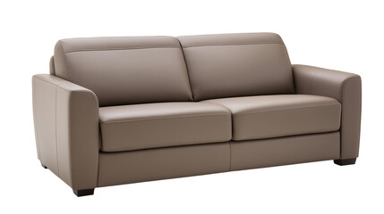 Fototapeta premium Modern two-seater sofa with light brown leather and dark brown wooden legs on transparent background