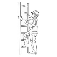 A construction worker wearing safety gear ascends a wooden ladder, emphasizing workplace safety and building practices in a detailed line drawing.