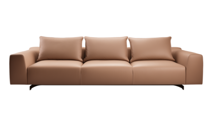Contemporary minimalist sofa with light brown leather and matching cushions on transparent background
