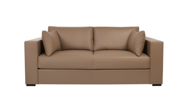 Modern tan leather sofa with minimalist design on transparent background