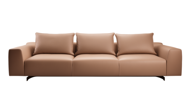 Contemporary minimalist sofa with light brown leather and matching cushions on transparent background