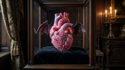 A pink anatomical heart adorned with roses and small beads sits inside an elegant glass display case, complete with dramatic bat-like wings in a richly decorated vintage room - Generative AI