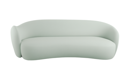 Modern minimalist sofa with rounded silhouette upholstered in soft pastel green fabric on transparent background