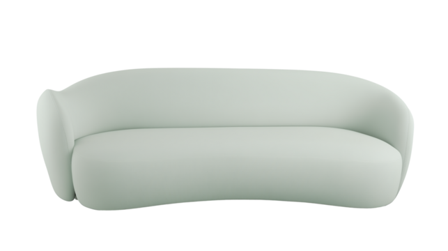 Modern minimalist sofa with rounded silhouette upholstered in soft pastel green fabric on transparent background