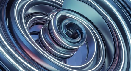 Abstract spiral tunnel made of metallic, glowing blue and silver concentric rings creating a futuristic vortex