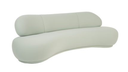 Modern minimalist sofa with sleek curved silhouette and pastel green upholstery on transparent background