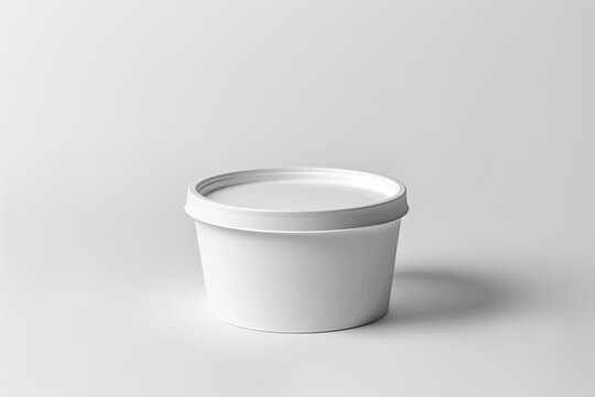 Blank white round soup container mockup with lid, minimal clean white background, packaging design template.