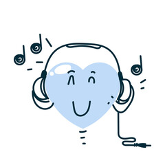 hand drawn doodle cute love heart character wearing headset music