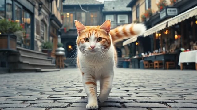 A ginger and white cat walking towards the camera on a cobblestone street in a european town cat video