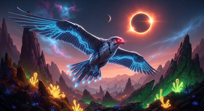 Mystical cybernetic raptor soaring across the surreal landscape under solar eclipse