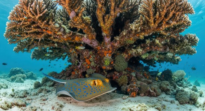 Underwater tranquility reveals a bluespotted ribbontail ray gracefully resting beneath coral refuge - Powered by Adobe
