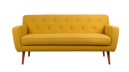 Mid-century modern sofa with mustard yellow upholstery and wooden legs on transparent background