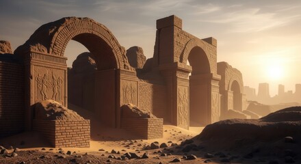 Ancient ruins in the desert landscape under a golden sky, a testament to bygone eras of