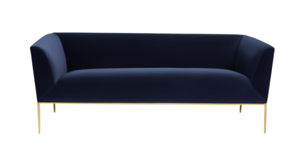Modern deep blue sofa with gold-tone metal legs on transparent background