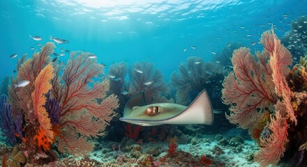 Fototapeta premium Graceful stingray gliding through vibrant coral reef ecosystem in crystal waters