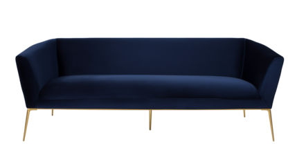 Modern navy blue sofa with gold-tone metal legs on transparent background