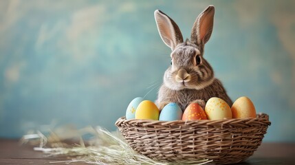 Cute easter bunny with colorful eggs in a basket on a blue background